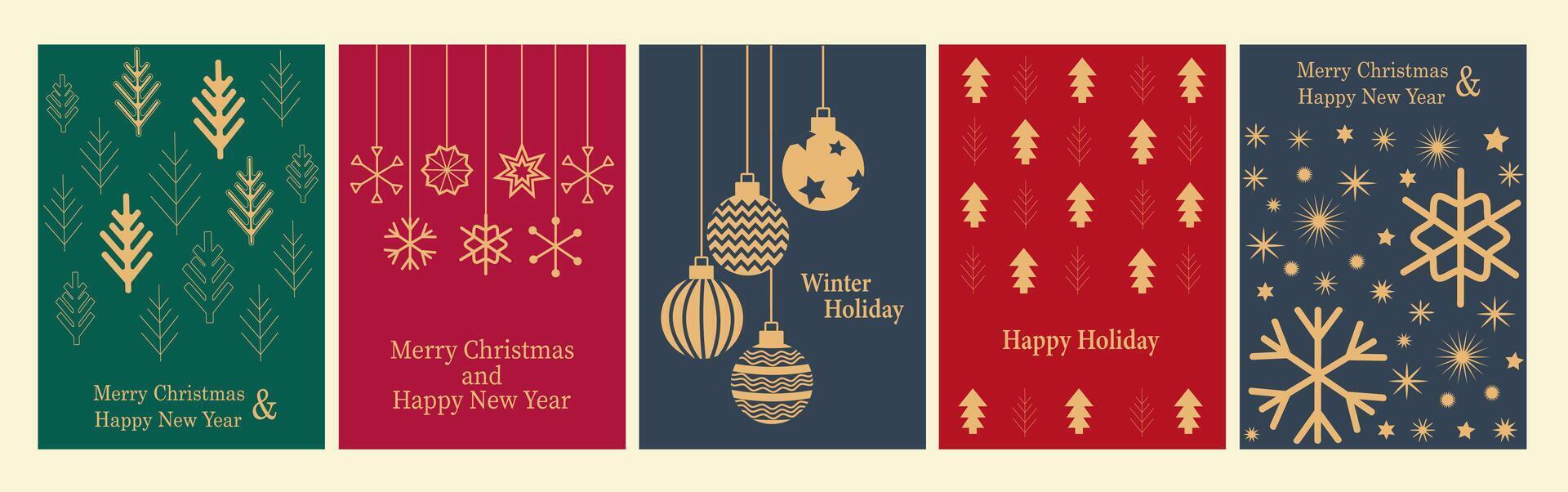Merry Christmas and Happy New Year in Red, Gold, Green Colors. Set Modern Design for Advertising, Web, Social Media, Posters, Banners, Covers. vector