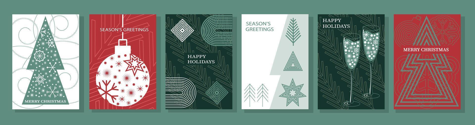Set of Merry Christmas and Happy New Year greeting cards, covers or posters with holiday attributes. Christmas background. vector