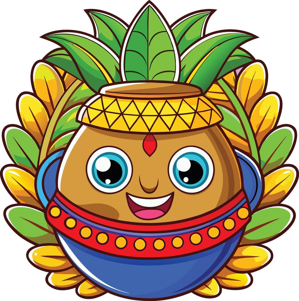 A cartoon character with a pot of rice and leaves vector