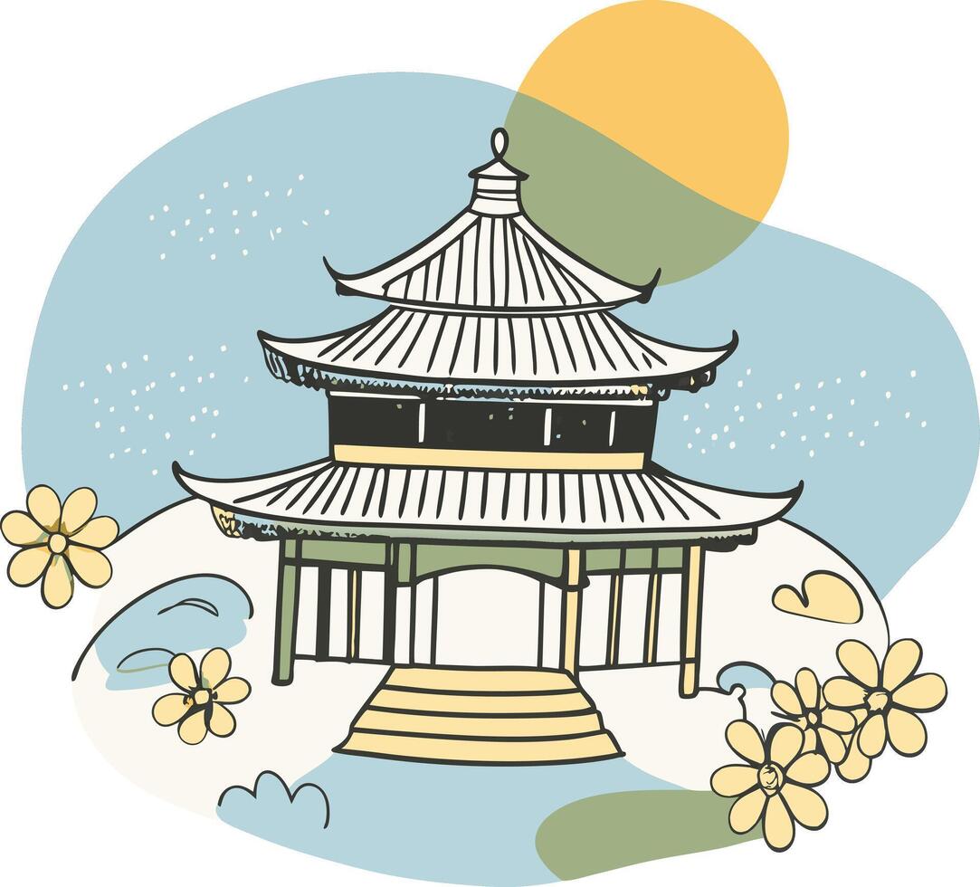 A chinese pagoda with flowers and a sun vector