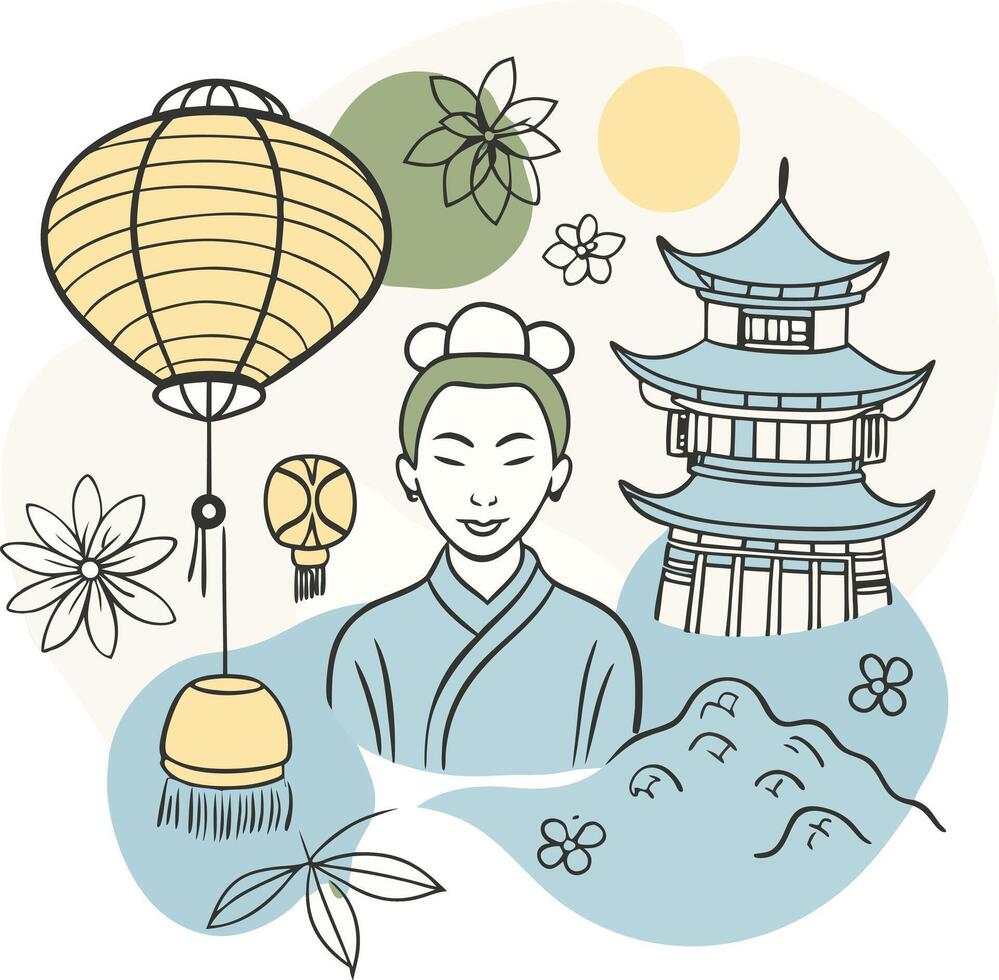Chinese woman with a lantern and flowers vector