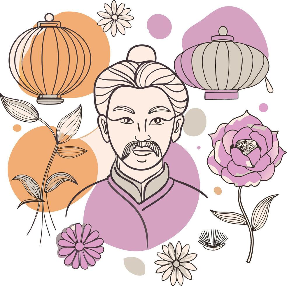 Chinese culture illustration with a man and flowers vector