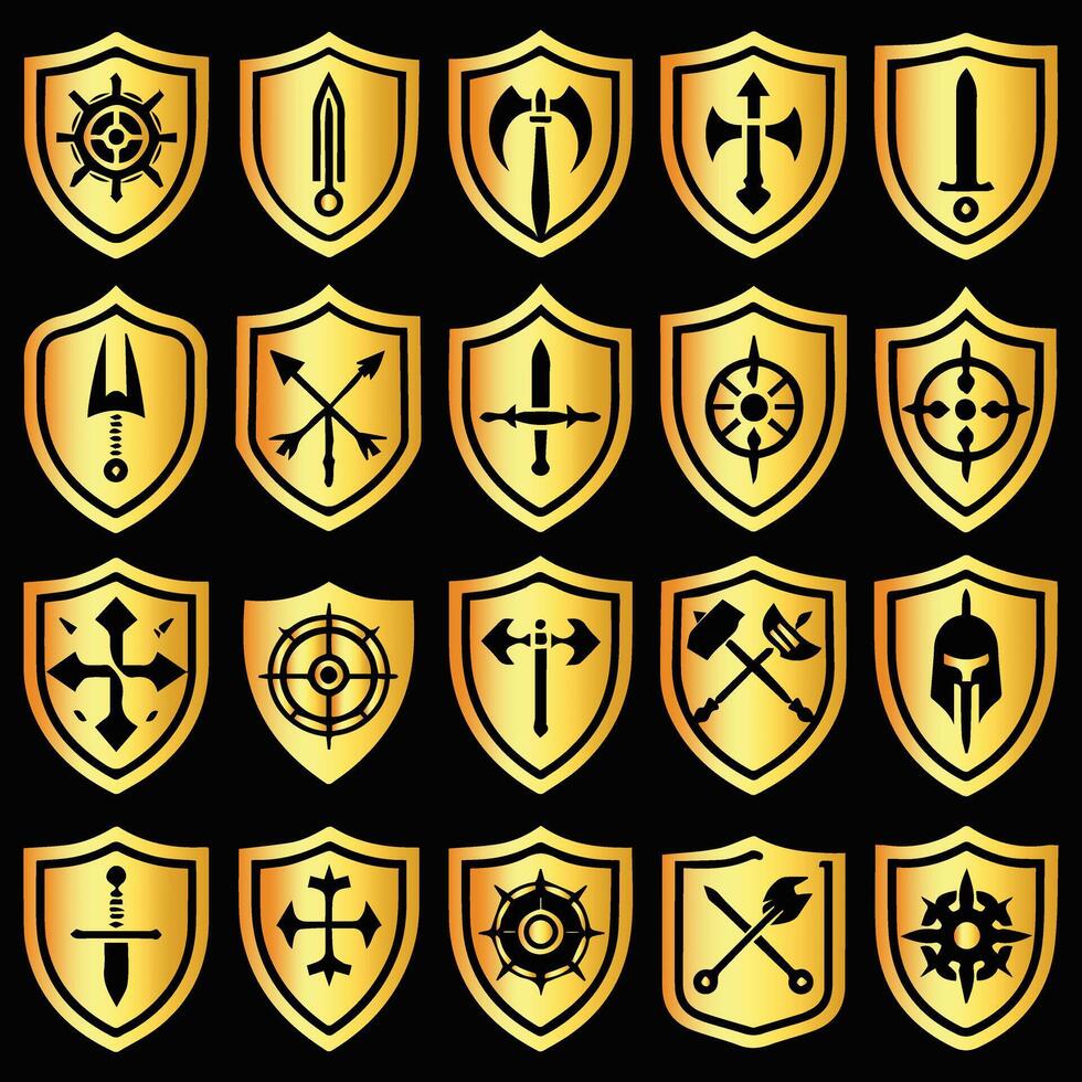 Collection of golden shields. vector