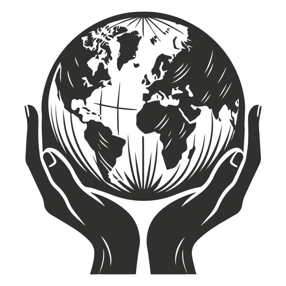 Hands holding a globe in black and white vector