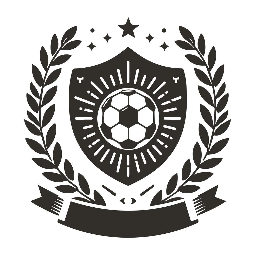 A black and white emblem with a soccer ball and laurel wreath vector