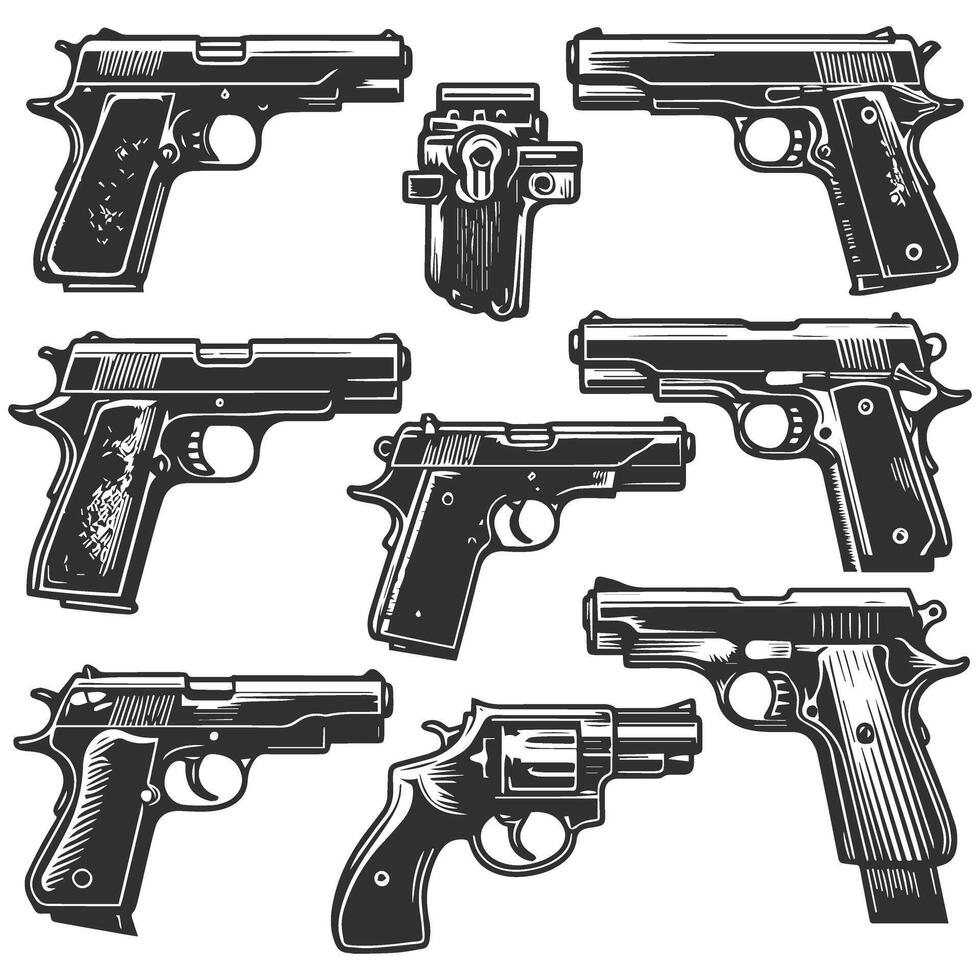A set of different guns on a white background vector