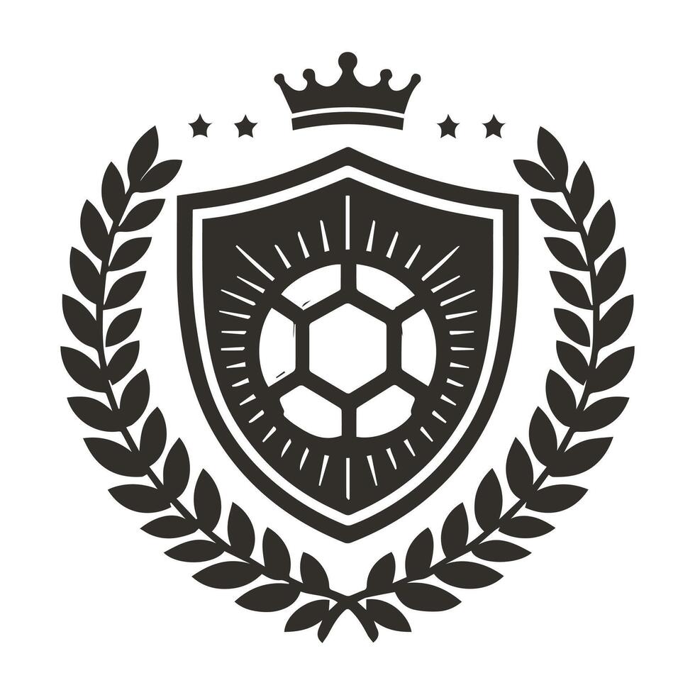 A black and white emblem with a soccer ball and crown vector