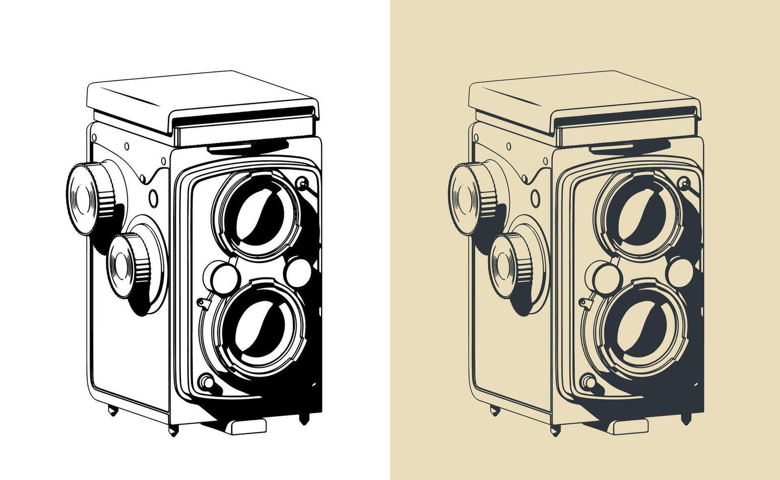 Twin-lens reflex vintage camera illustrations vector