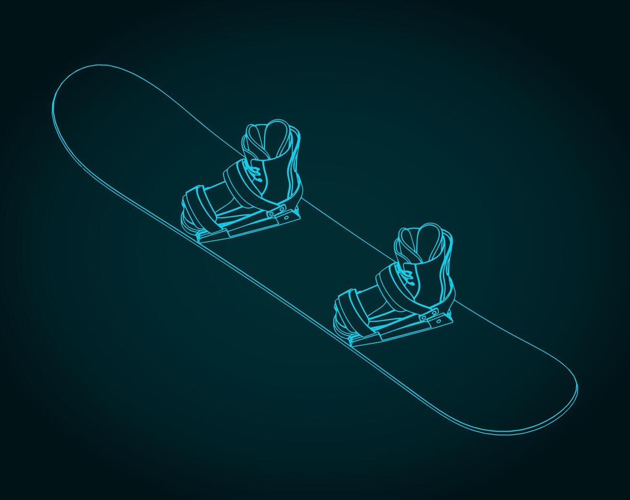 Snowboard board and boots isometric blueprint illustration vector