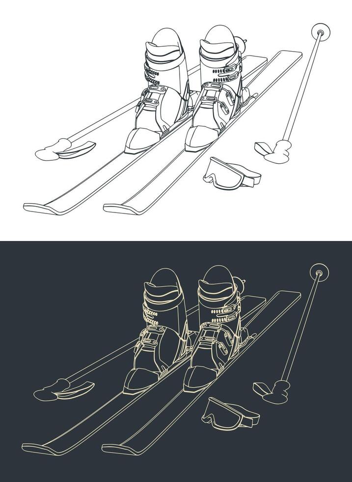 Skiing equipment set sketches vector