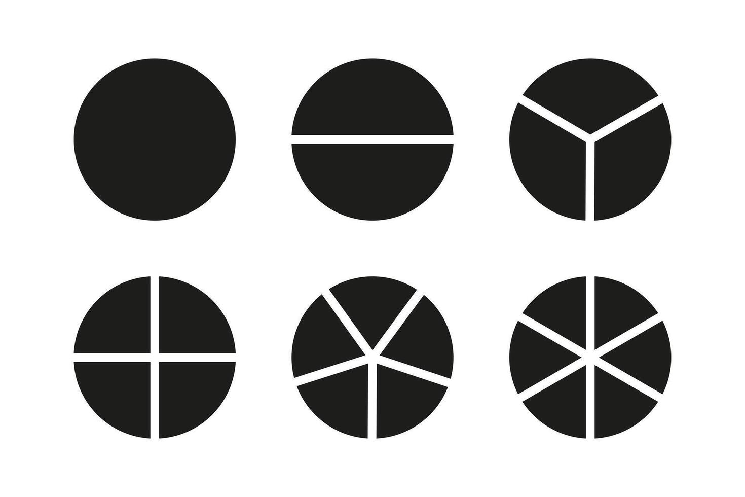 Pie segmented charts. Sectors divide the circle on equal parts. Coaching blank. Pizza round charts. Segments infographic set. Diagram wheel parts from 1 to 6. vector