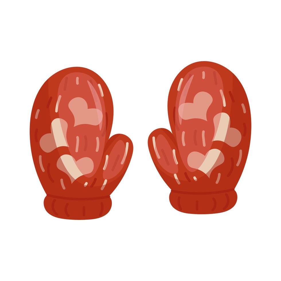A pair of orange knitted mittens with hearts on a white background. illustration vector
