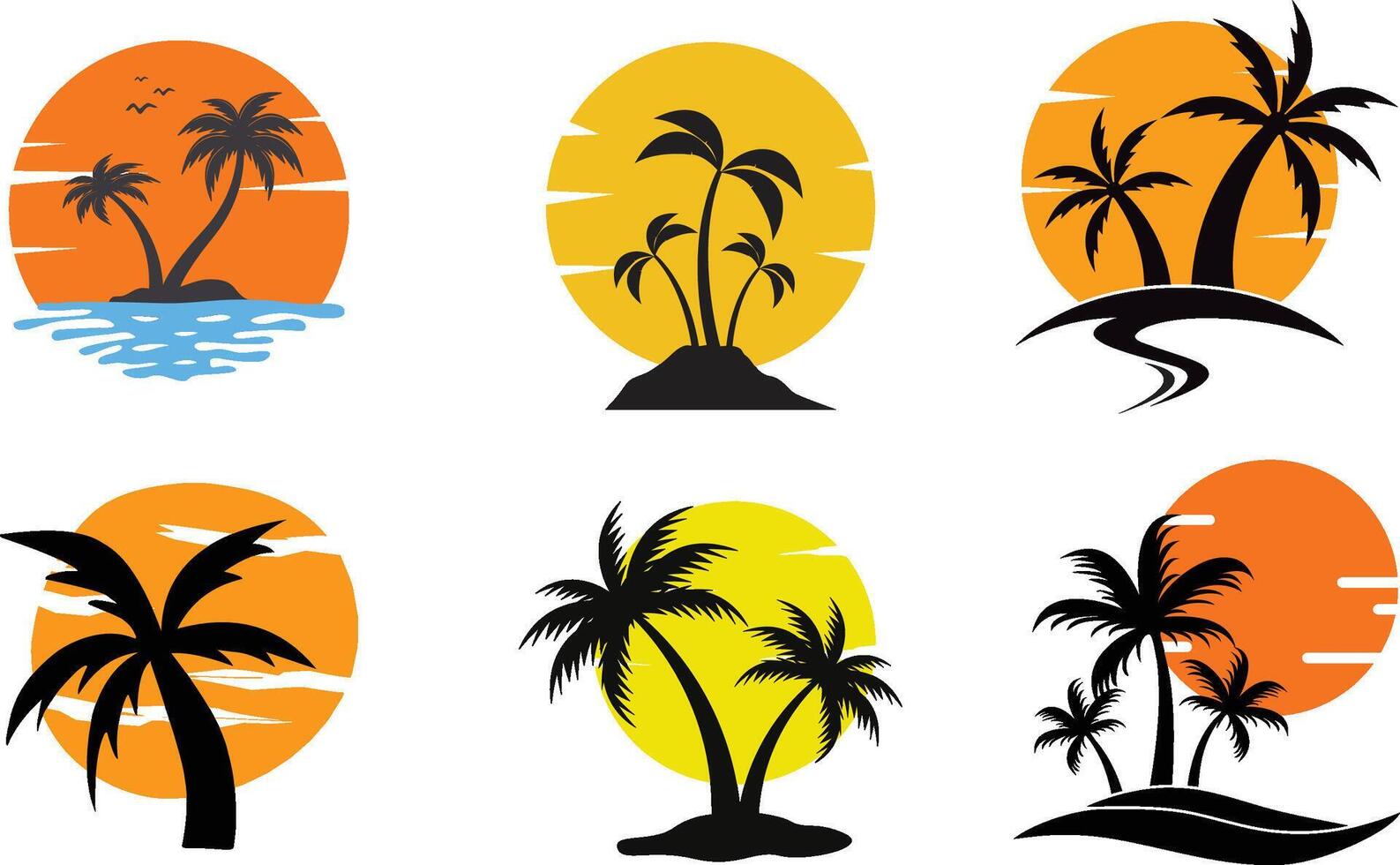 Palm tree sunset on island. Illustration on white background vector