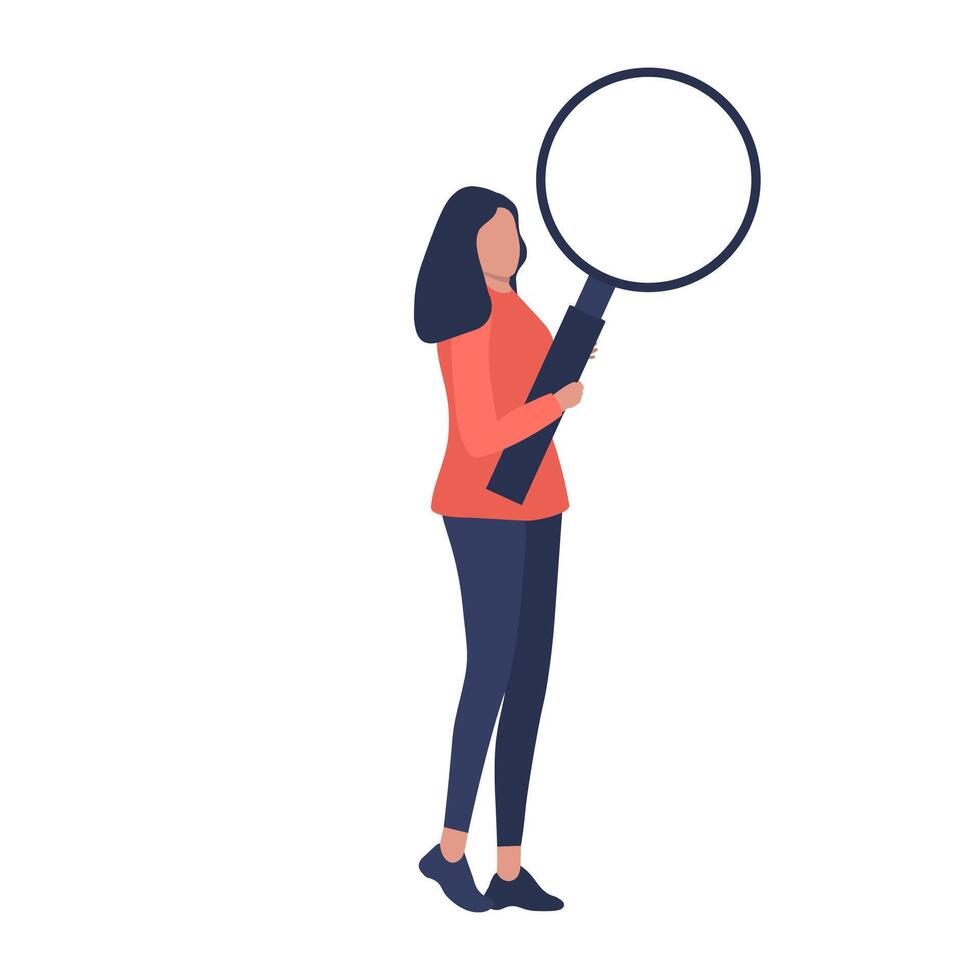 Woman with magnifying glass. Search for social networks. vector