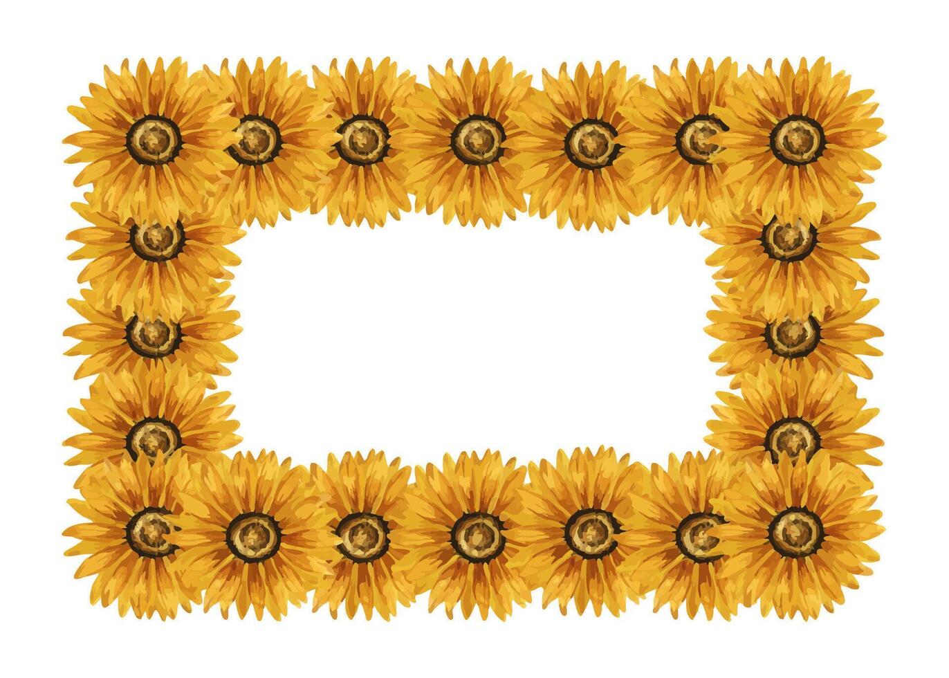 Watercolor sunflowers corner frame. Rectangular frame with yellow flowers. Summer floral composition. Autumn flowers arrangement. Hand drawn botanical illustration for postcard, invitation, greeting. vector