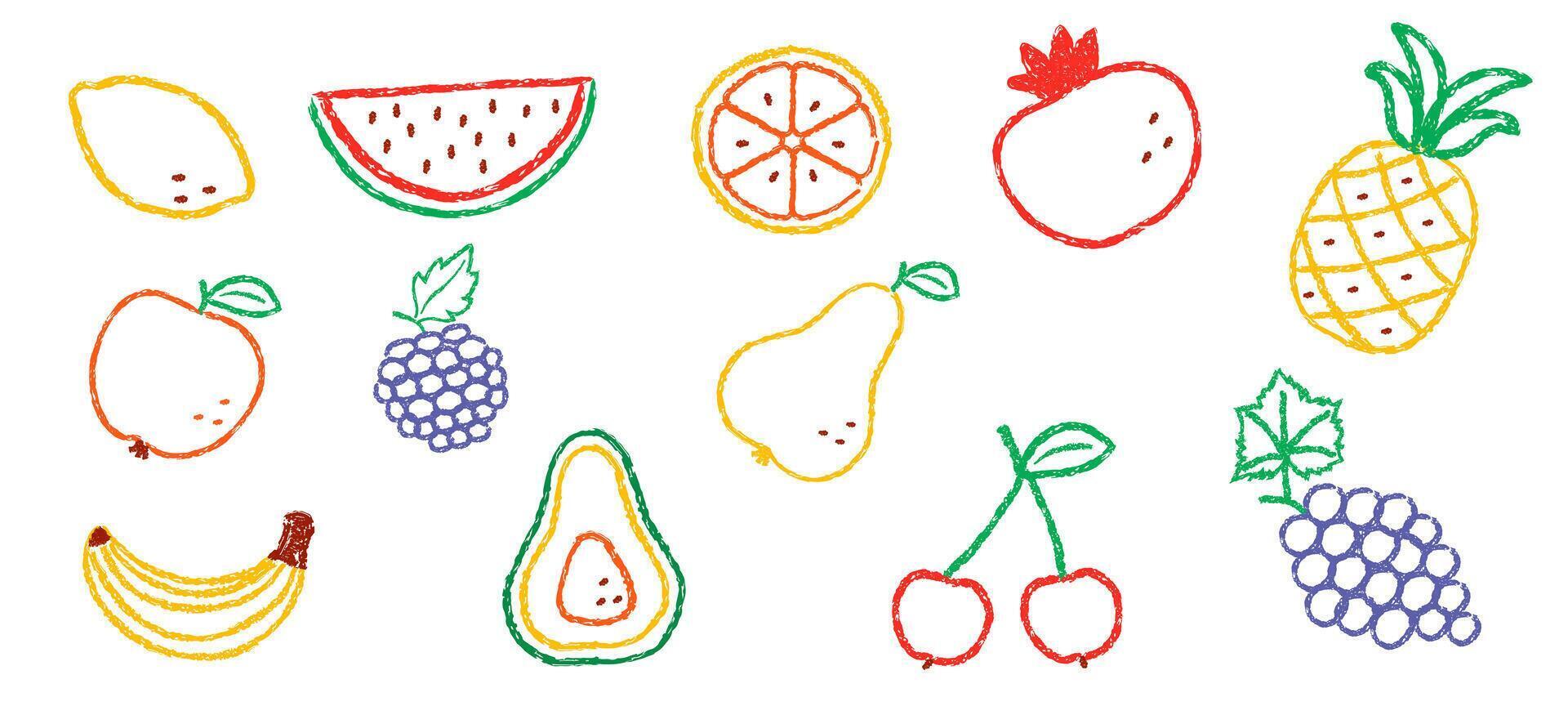 Set of hand drawn chalk fruit illustrations. Childish doodles of apple, pineapple and grapes with colored outline. Sloppy pencil icons in children's style vector