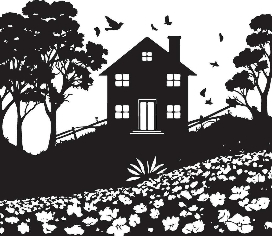 Silhouette of a house in the country with trees and birds vector