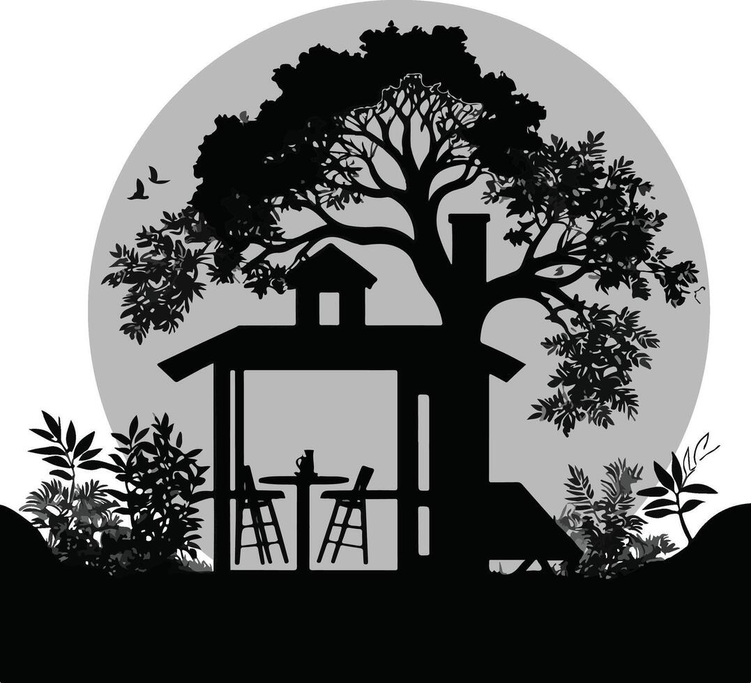 A silhouette of a house with a tree in the background vector