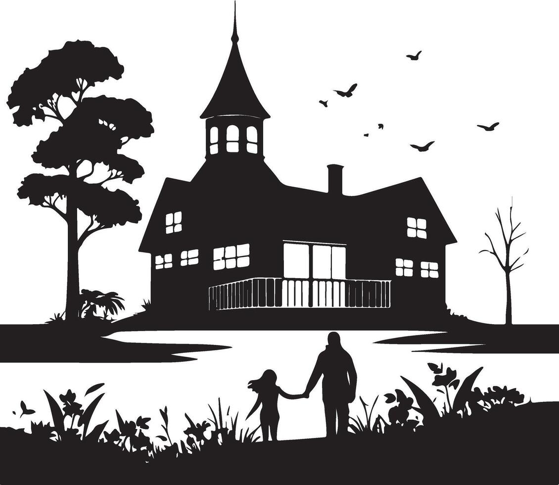 Silhouette of a family walking in front of a house vector