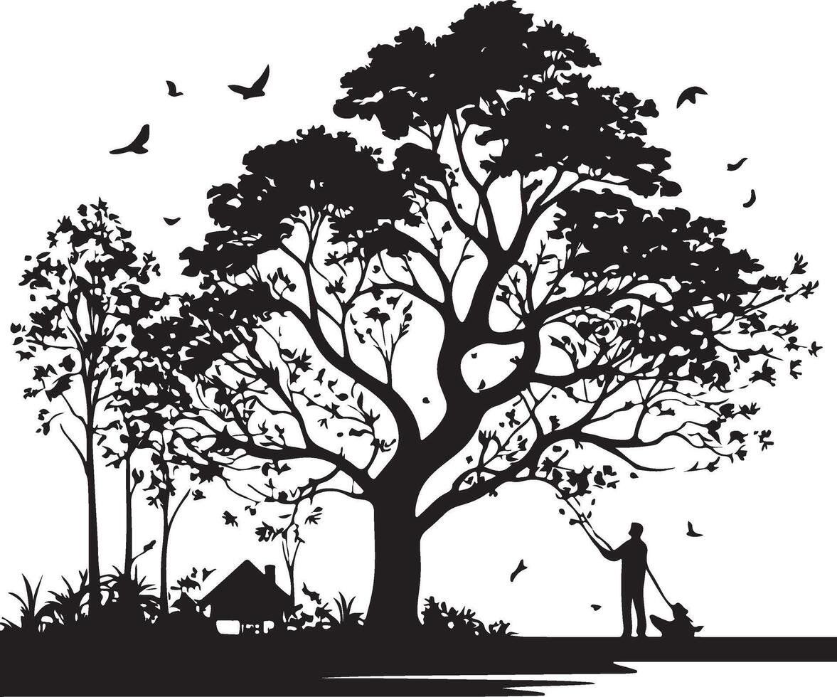 Silhouette of a man and his dog under a tree vector