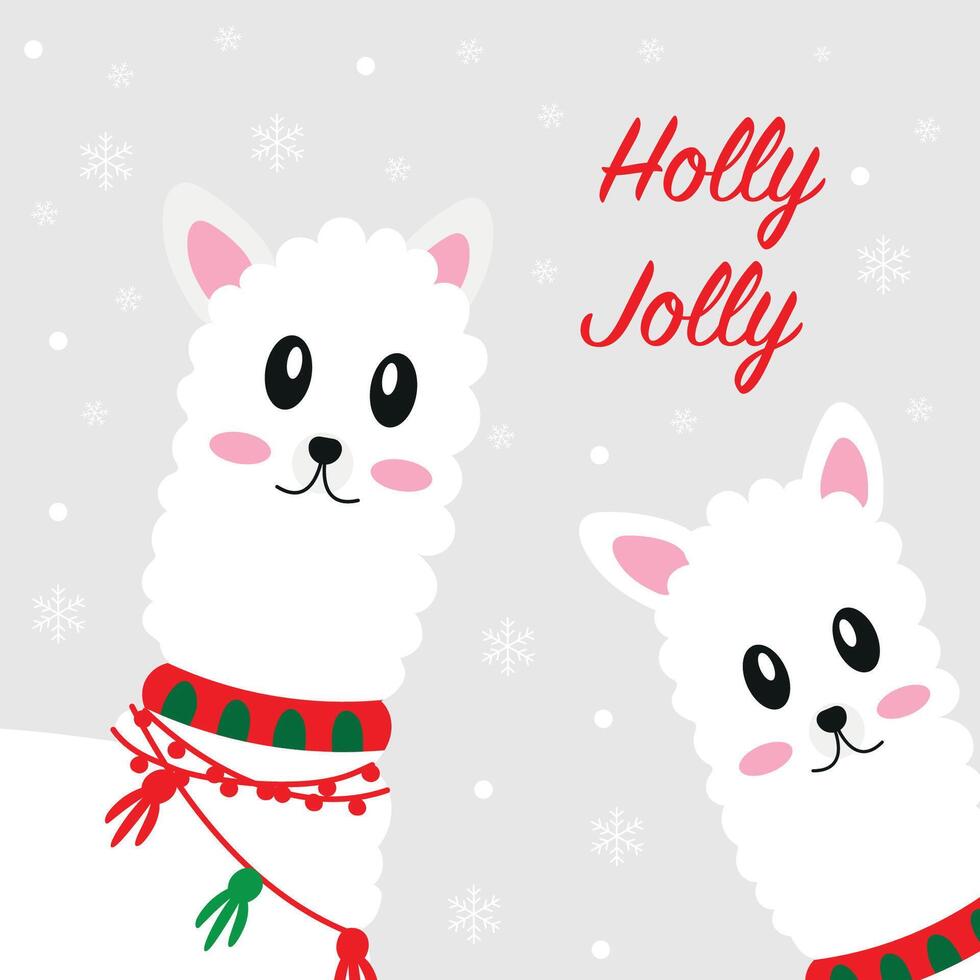 Cute cartoon llama alpaca for Christmas. Holly Jolly. graphics vector