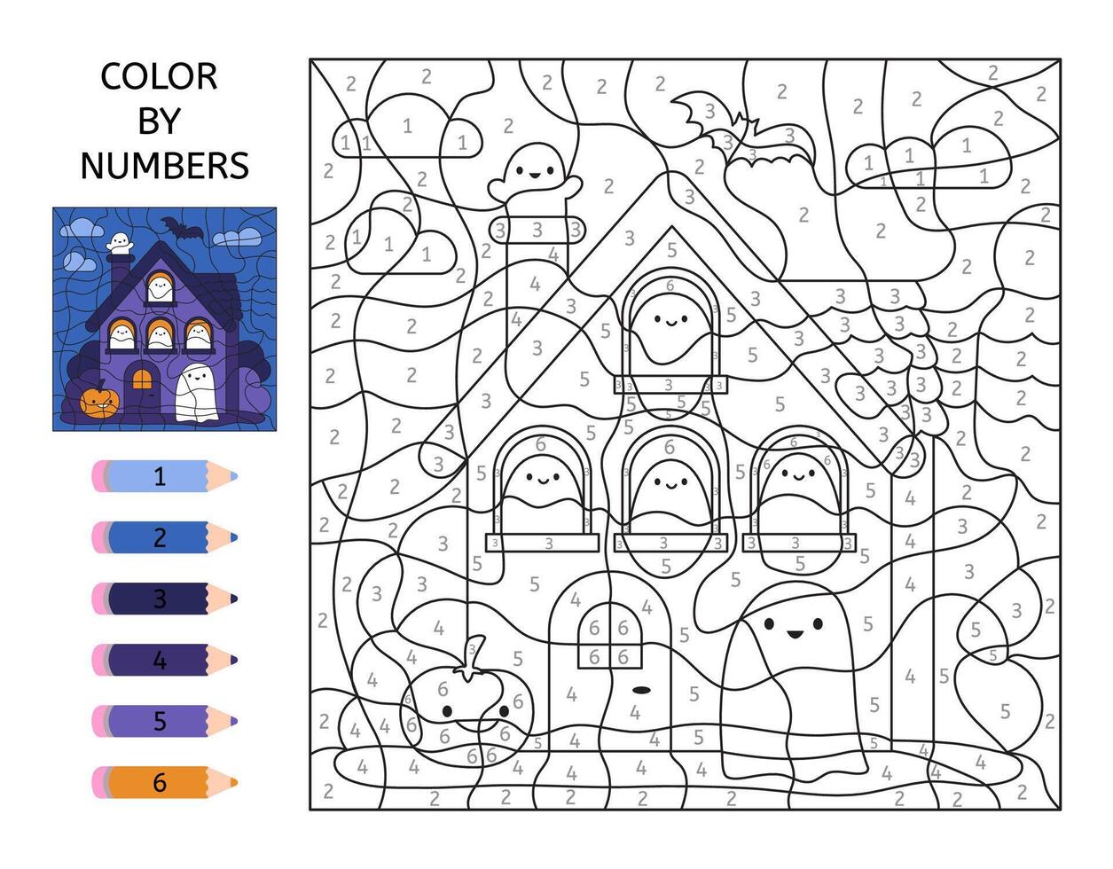 Dot to dot game for kids. Haunted house with ghosts. Halloween activity page. Education worksheet. Finish drawing image. vector