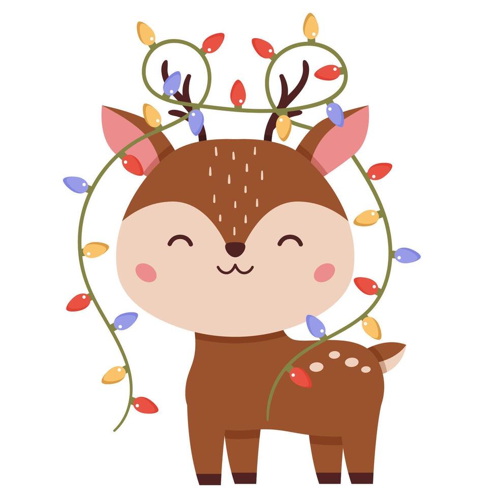 Cute reindeer with Christmas lights on white background. Kawaii animal. Cartoon deer. vector