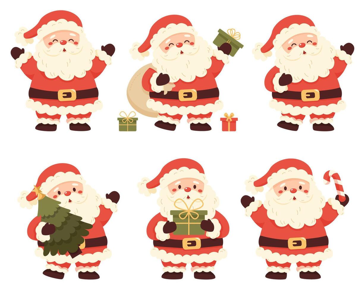 Set of Santa Claus In different poses and activities on white background. Christmas and New Year collection. Cute cartoon character with gift box, lollipop, candy, Christmas tree. vector