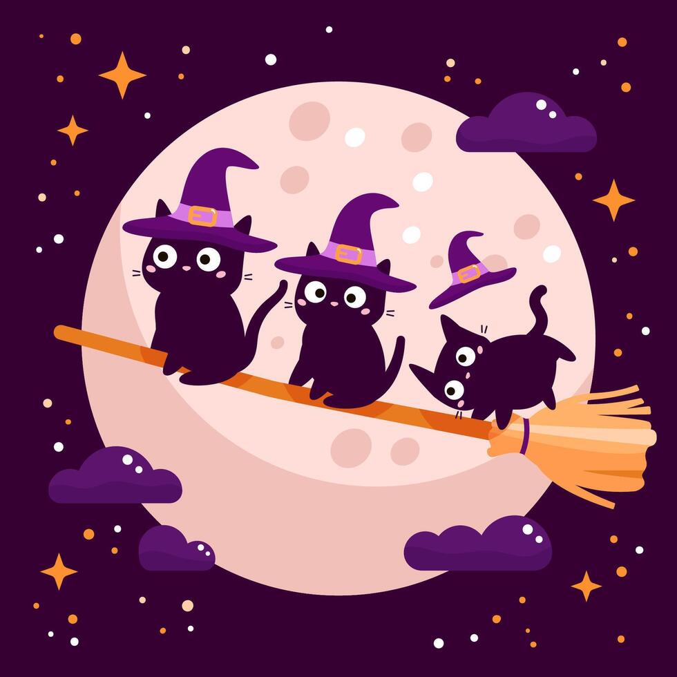 Witch cats flying on broomstick. Halloween illustration. Night sky with full moon on background. Cute kawaii kittens. vector