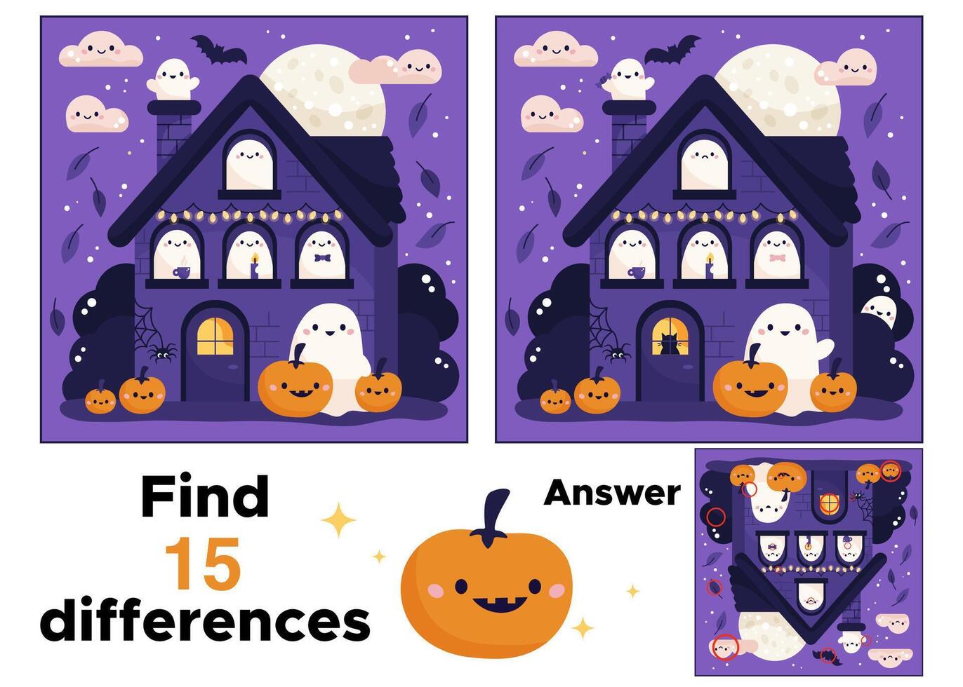 Find differences game for children. Halloween puzzle for kids. Haunted house with cute ghosts, spider and pumpkins. vector