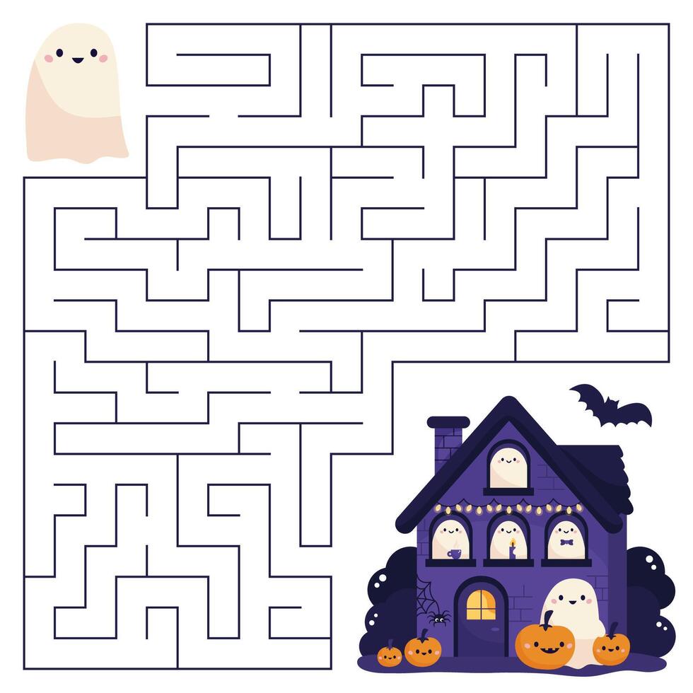 Halloween maze game for kids. Help the ghost find right way to haunted house. Cute kawaii characters. Activity sheet. Labyrinth puzzle. vector