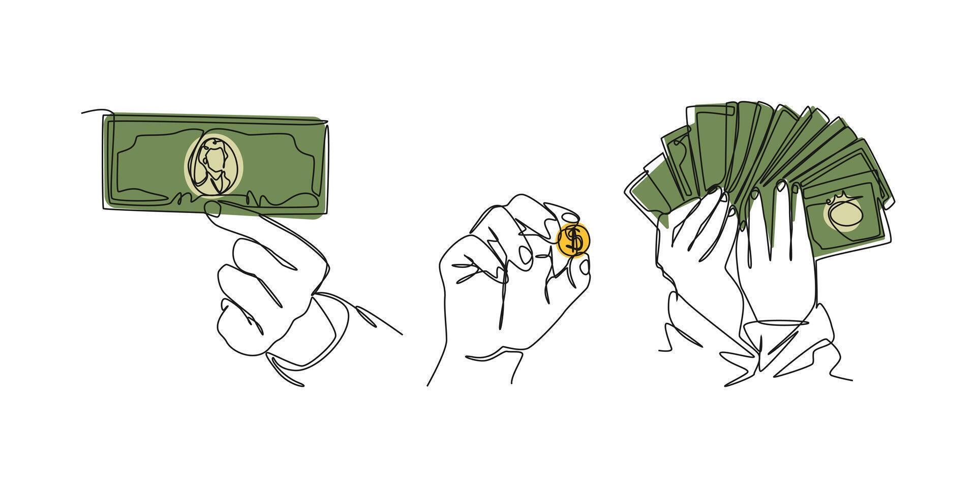 Set continuous one line drawing of hand holding money, banknote, and coin. Editable line and colored illustration. vector