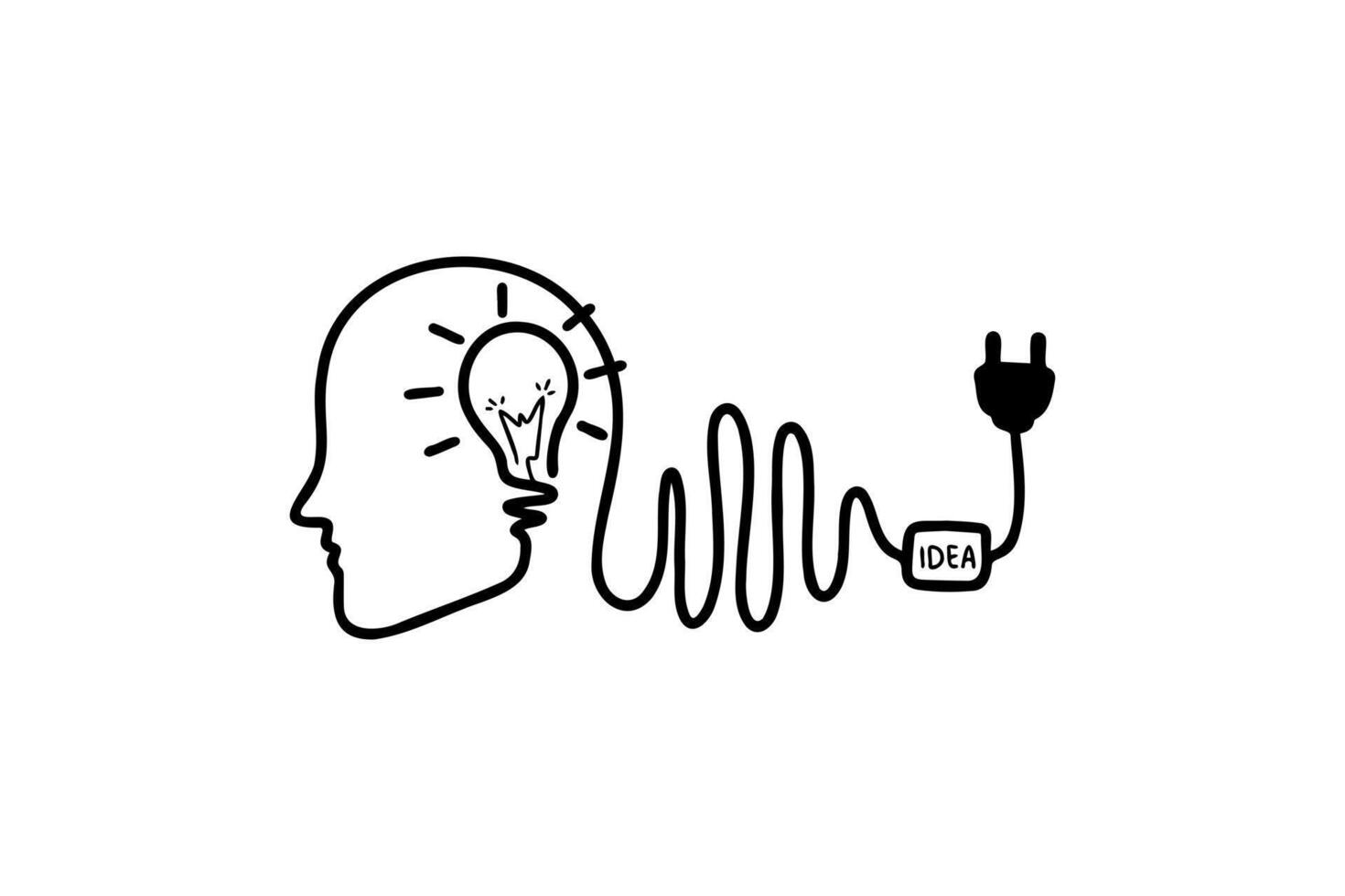 Creative concept of a minimalistic human head with a light bulb and plug symbolizing the flow of ideas and inspiration in a digital age vector