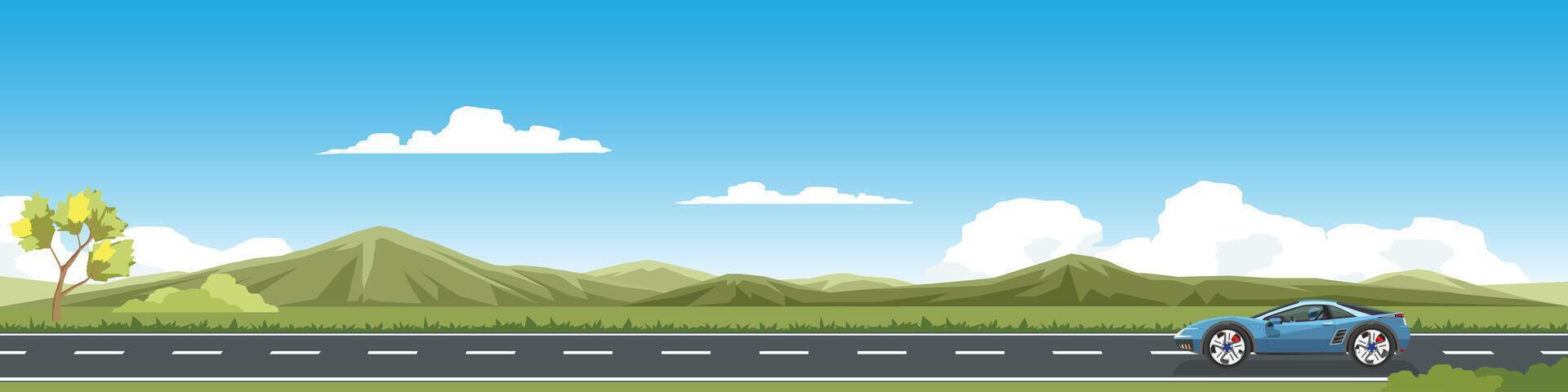 Travels of sport car with driving for banner. Asphalt road near the meadow with green hills under clear sky. Tree growing alone in the corner. Copy Space Flat . vector