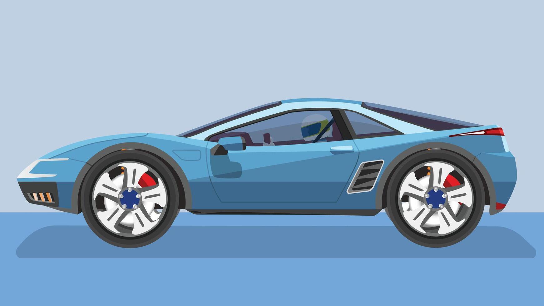 Concept illustration of detailed side of a flat soft blue sport car. with shadow of car on reflected from the ground below. can view interior of car with Racing Driver. vector