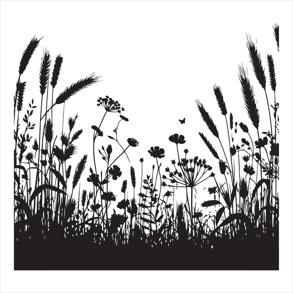 Field with cereals, grass and wild herbs silhouette on white background vector