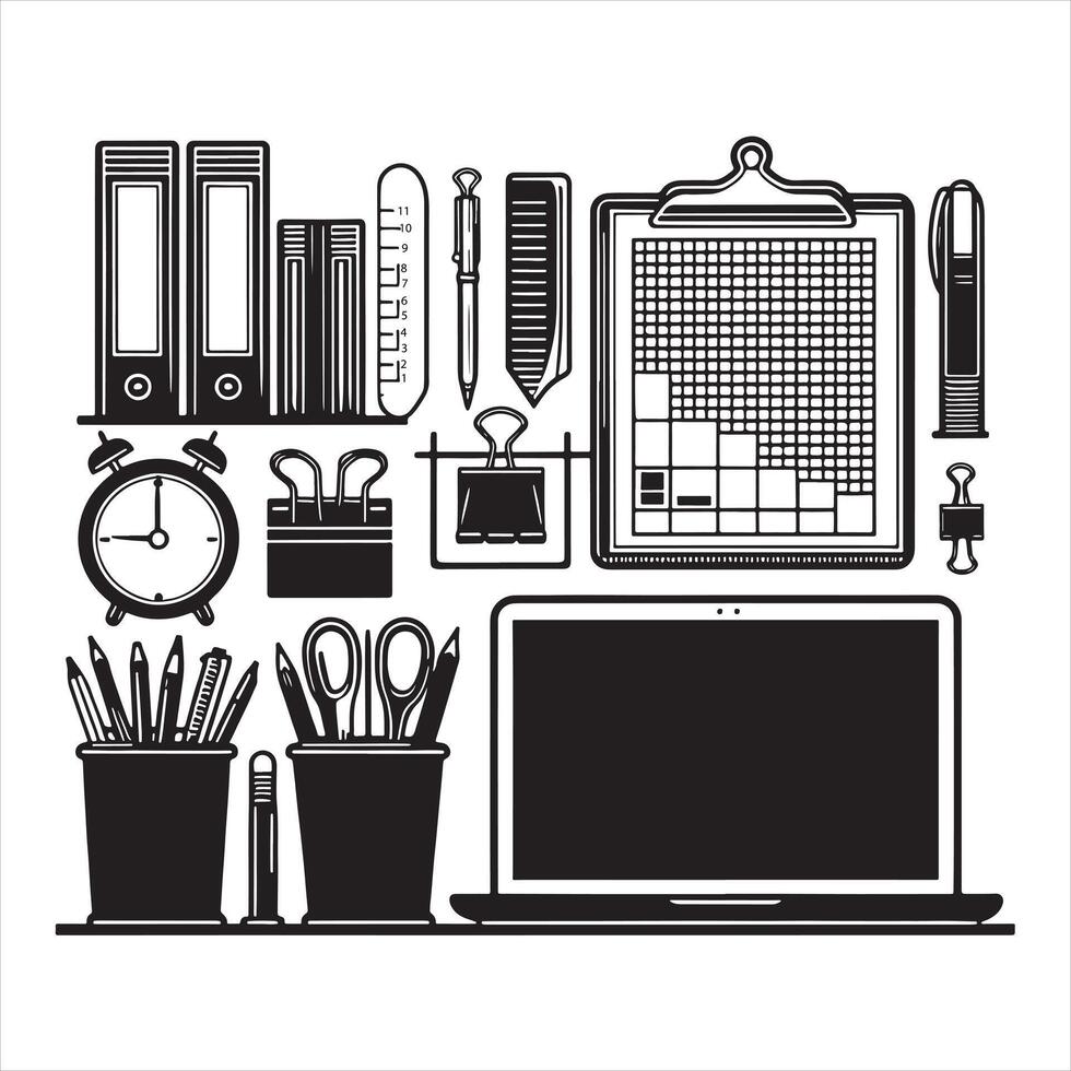 Black and White Line Art Desk stationery holder silhouette on white background vector