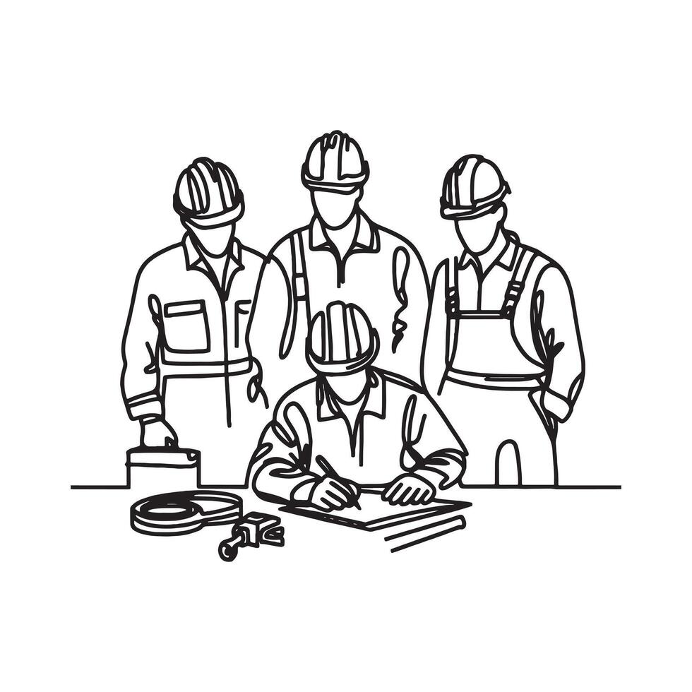 Continuous Line Drawing of Construction Workers in Safety Gear for Occupational Safety Concept silhouette on white background vector