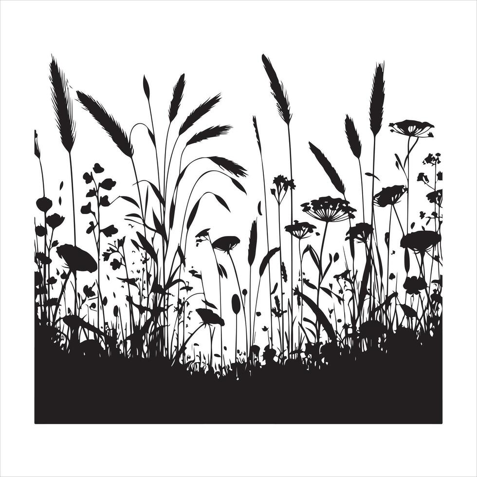 Field with cereals, grass and wild herbs silhouette vector