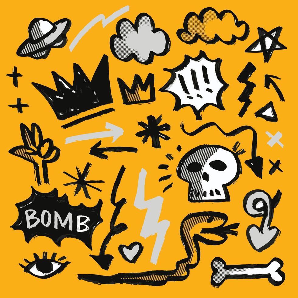 Edgy Hand Drawn Doodle Collection with Skulls and Symbols vector