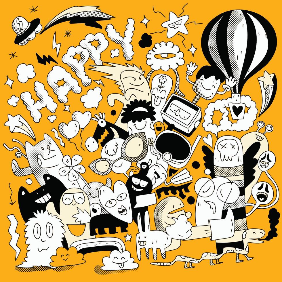 Happy Doodle Collection with Fun Characters and Expressions vector
