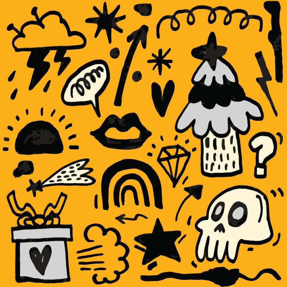 Edgy Doodle Collection with Symbols and Icons on Yellow vector