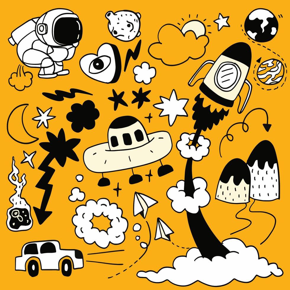 Space Adventure Doodle Collection with Astronaut and UFO vector