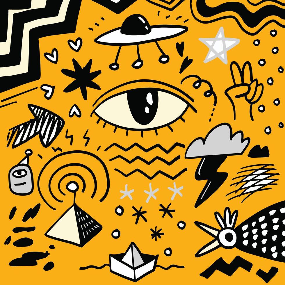 Abstract Doodle Art Collection with Eye and UFO Symbols vector