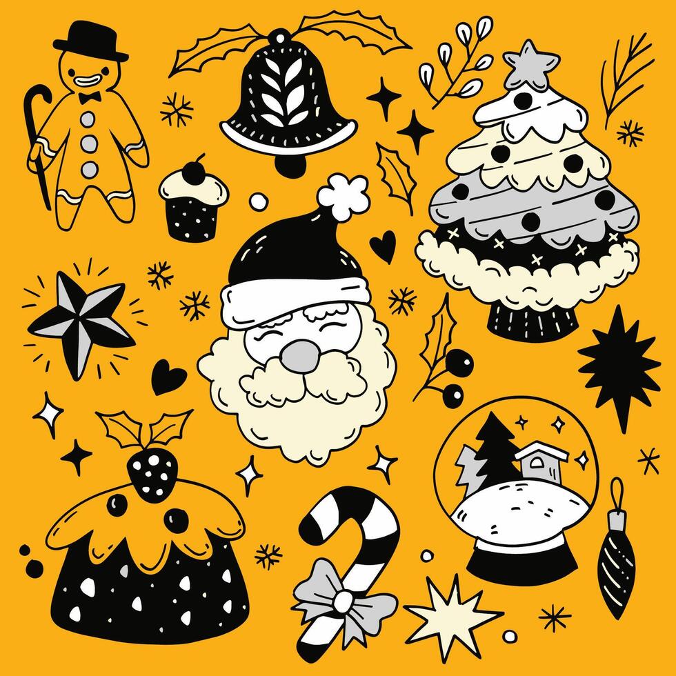 Hand Drawn Christmas Doodle Collection on Yellow Background vector