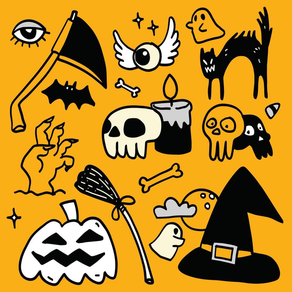 Spooky Halloween Doodle Collection with Skulls and Witch Hat vector