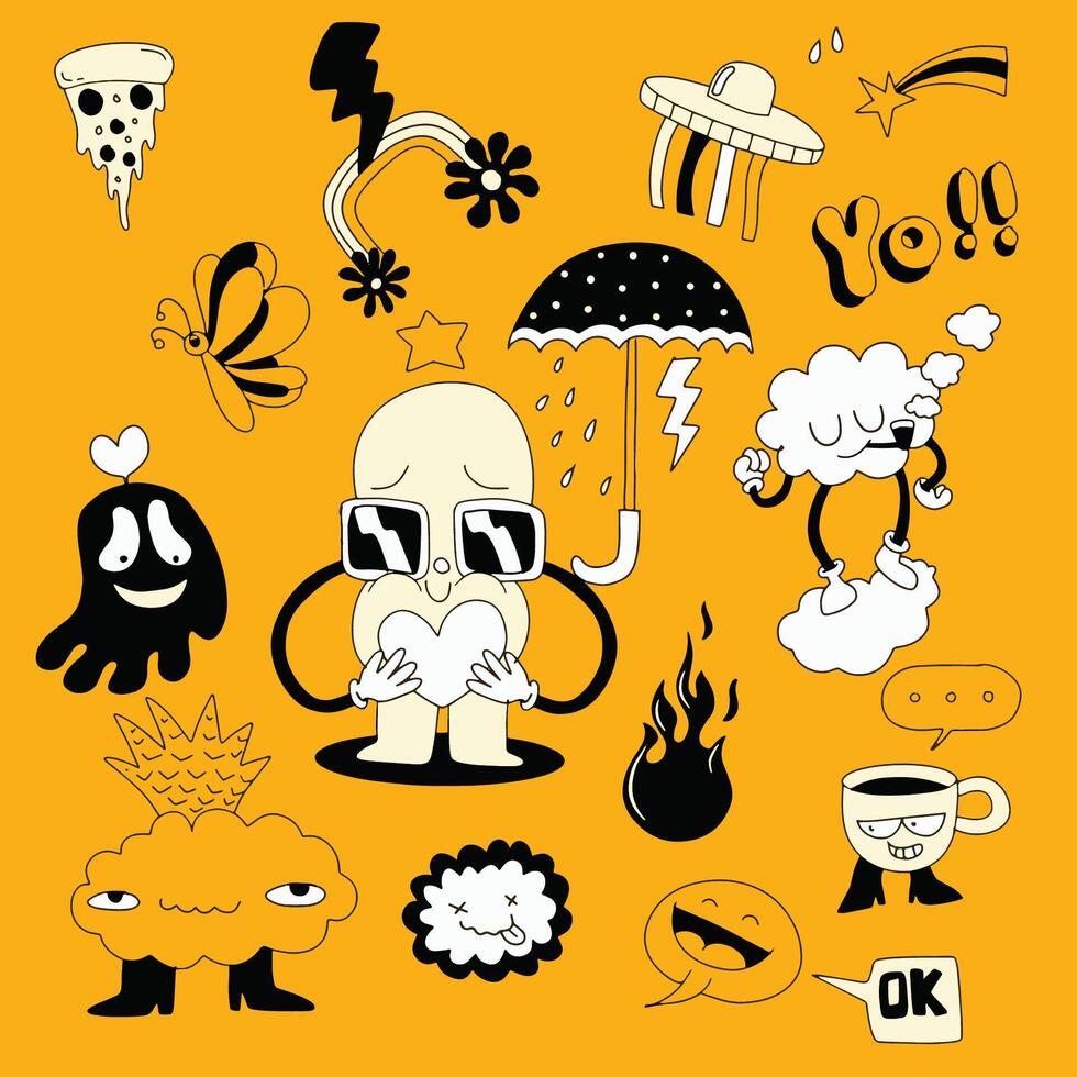Quirky Hand Drawn Doodle Collection with Emojis and Symbols vector