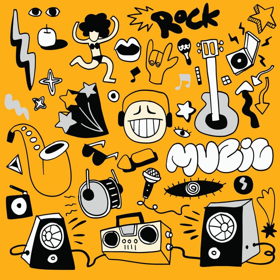 Energetic Music Doodle Collection with Instruments and Icons vector
