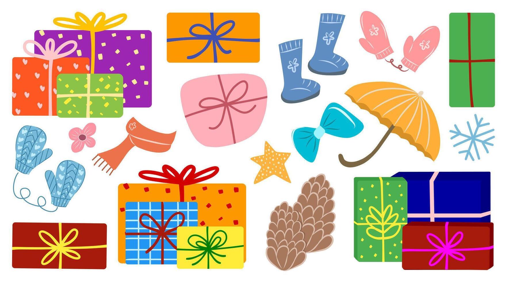 Hand drawn illustration set of gift boxes in bright color, pink and blue gloves, ribbon, boots, umbrella, scarf, and pine for winter holiday elements. Isolated object for poster, pattern. vector