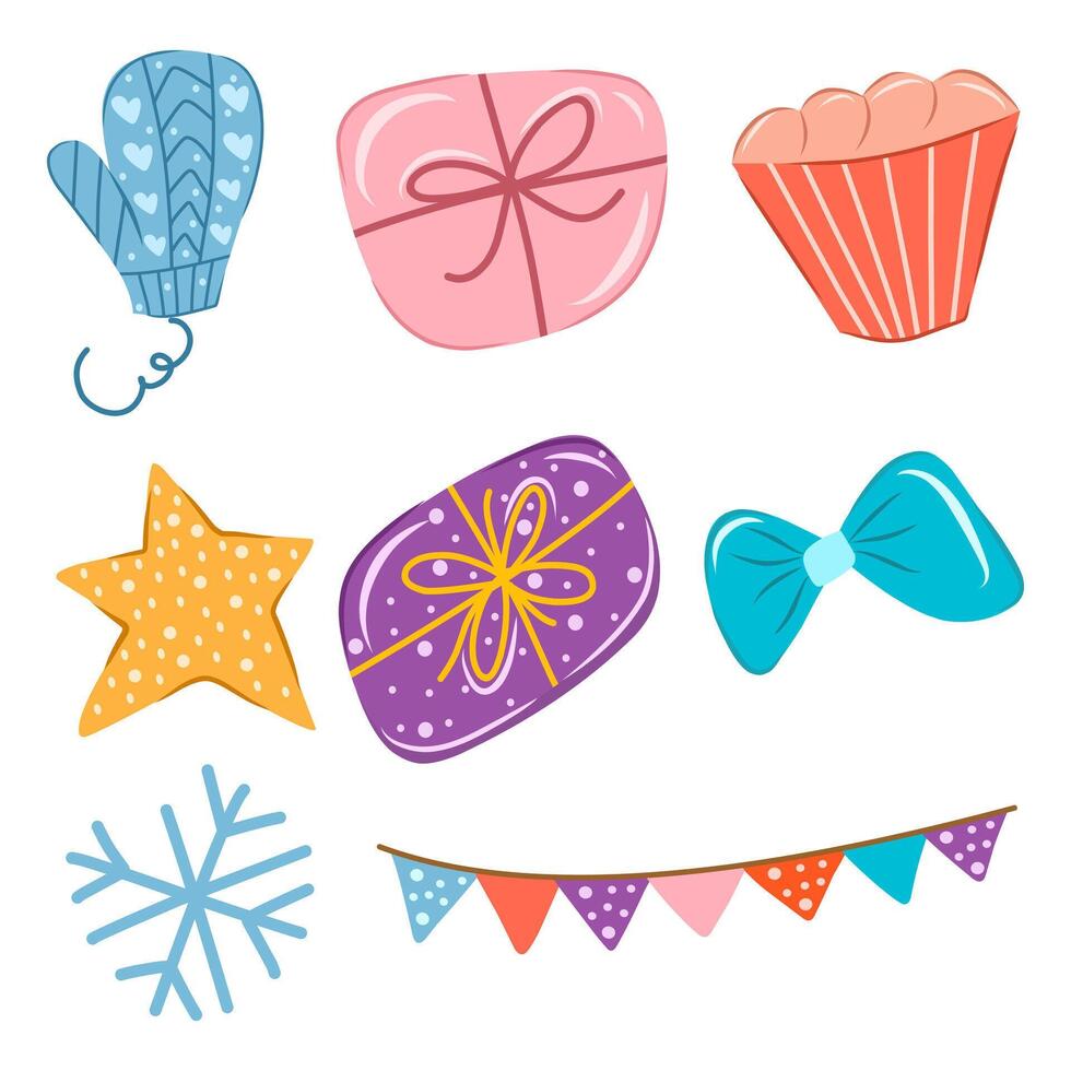 Hand drawn illustration set of gift box in bright color, gloves, ribbon, stars shape, flag, cupcake, and snowflake for winter holiday elements. Isolated object for poster or pattern pattern. vector